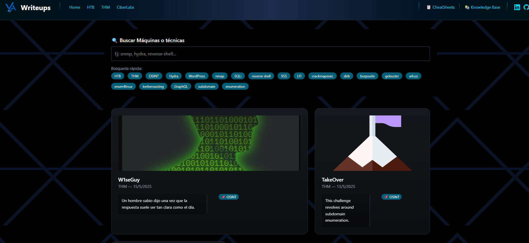 CTF Writeups - Plataforma completa de writeups CTF con dashboard moderno y búsqueda avanzada